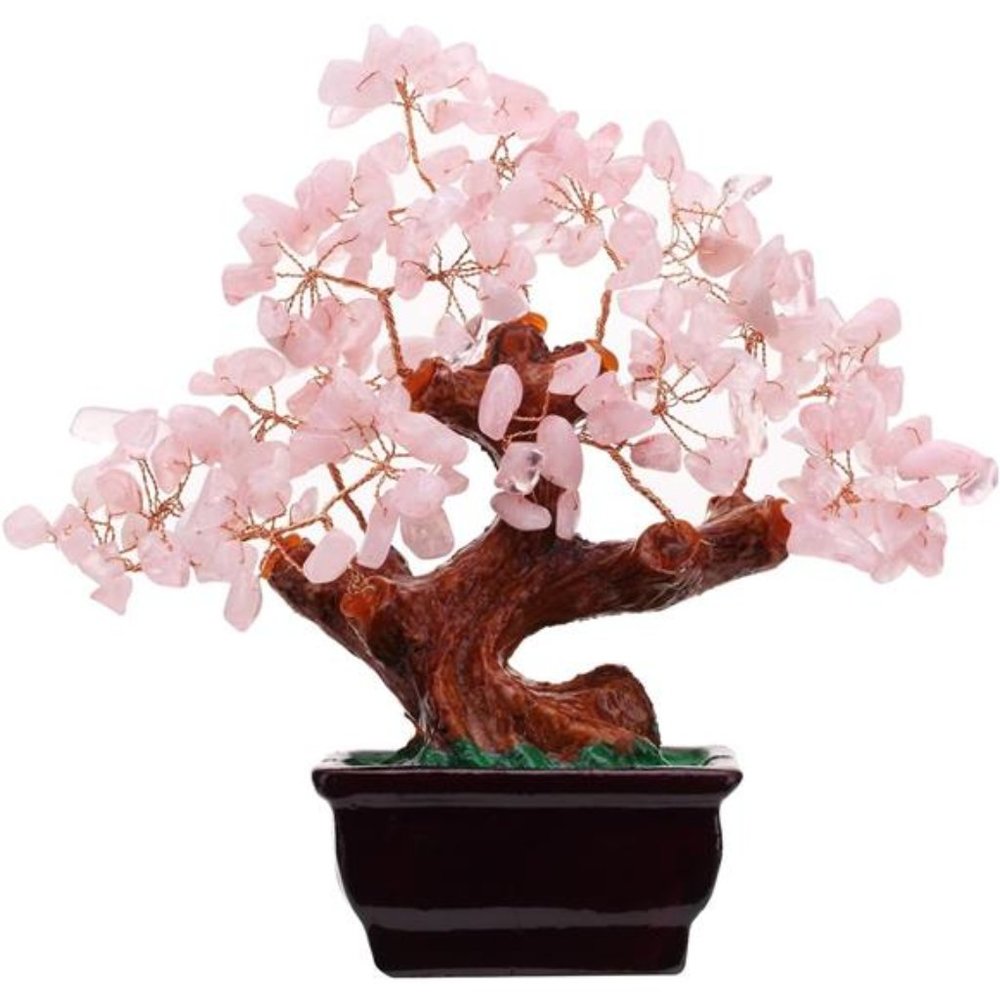 Feng Shui Natural Rose Pink Quartz Crystal Money Tree Bonsai Style Decoration